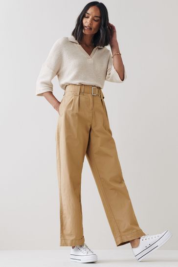 Camel Neutral Turn Up Wide Leg Trousers