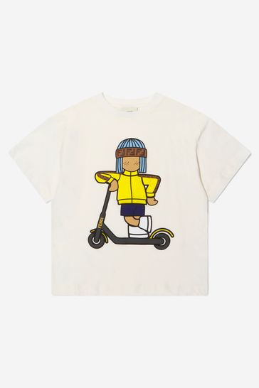Boys Cotton Scooter Print T-Shirt in White