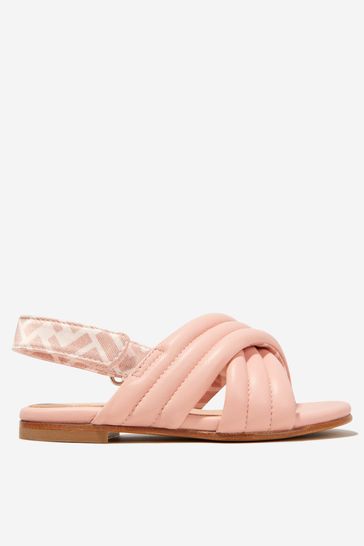 Girls Leather Logo Strap Sandals in Pink