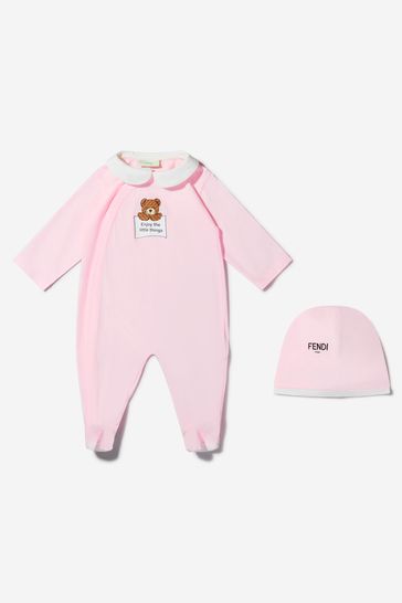 Baby Girls Cotton Teddy Bear Babygrow Gift Set in Pink