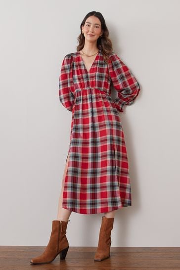 Red Check Volume Sleeve Midi Dress