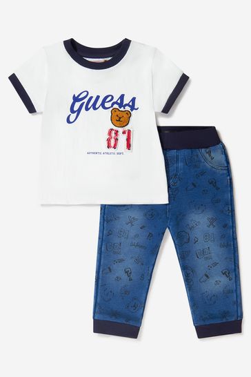 Baby Boys T-Shirt And Denim Joggers Set in Blue/White