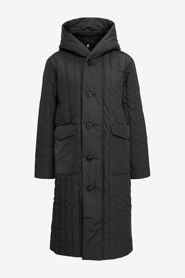 G-Star Black Long Puffer Vertical Quilted Jacket