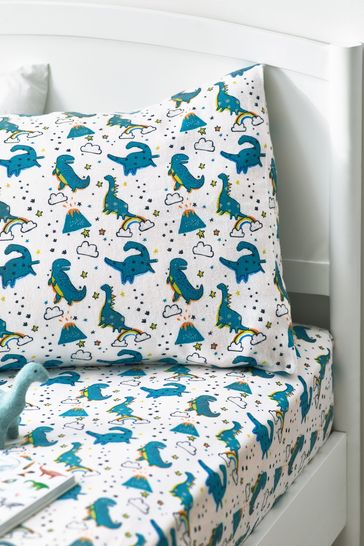 Multi Dinosaur Brushed Cotton Fitted And Pillowcase Set