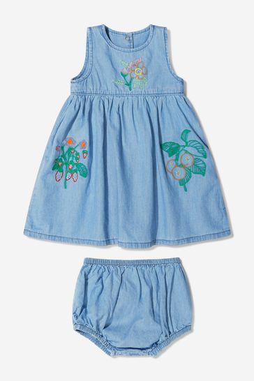 Baby Girls Cotton Chambray Dress With Knickers