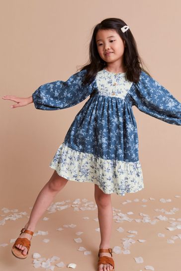 Laura Ashley Blue/White Mixed Print Tiered Dress
