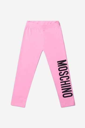Girls Cotton Logo Print Leggings in Pink