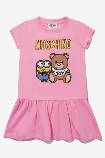 Girls Cotton Minion And Teddy Toy Dress in Pink
