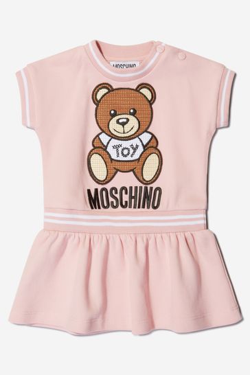 Baby Girls Cotton Teddy Toy Logo Dress in Pink