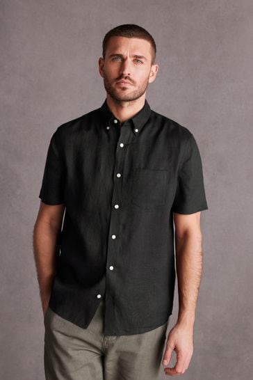 Black Standard Collar Signature 100% Linen Short Sleeve Shirt