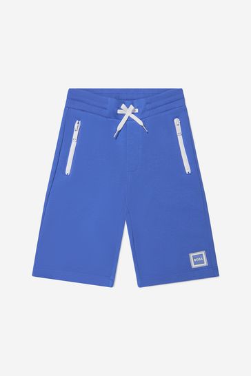 Boys Cotton French Terry Branded Shorts in Blue
