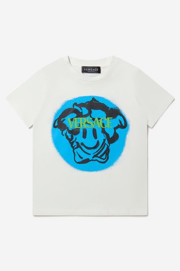 Girls Cotton Jersey Smiley Medusa Logo T-Shirt in White