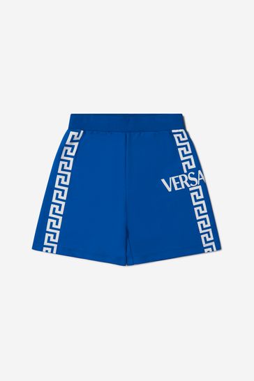 Boys Cotton La Greca Side Logo Shorts in Blue