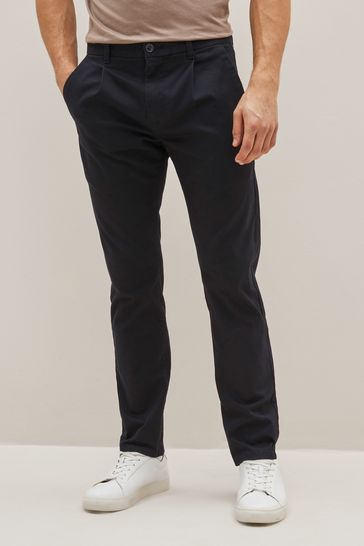 Navy Blue Slim Single Pleat Stretch Chino Trousers