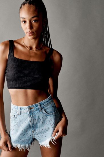 Buy Own. Bleach Blue Embellished Frayed Hem Cheeky Denim Shorts from Next Luxembourg