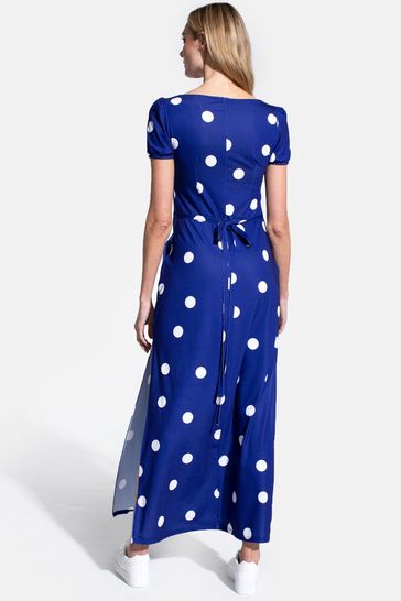 HotSquash Womens Navy Blue Polka Dot Scoop Neck Maxi T Shirt Dress with Split