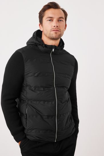 Black Knit Sleeve Hybrid Hooded Padded Jacket