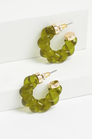 Green Twisted Resin Hoop Earrings