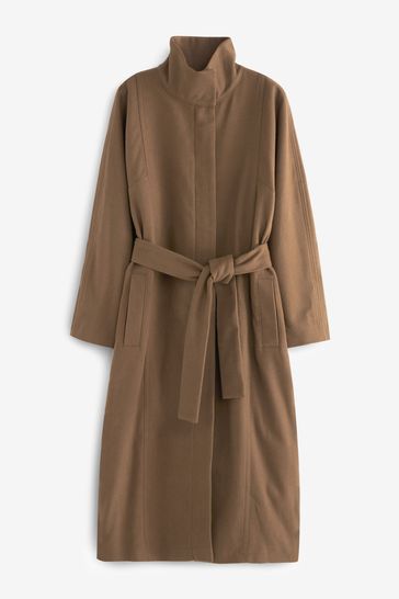 Tan Brown Funnel Neck Formal Coat