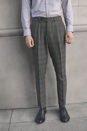 Charcoal Grey Fashion Pleat Check Formal Trousers