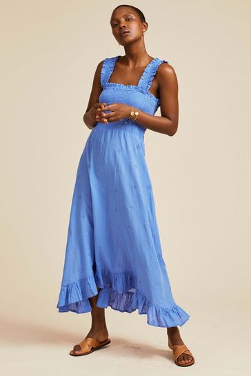 Aspiga Blue Rhianna Embroidered Organic Cotton Smocked Midi Dress