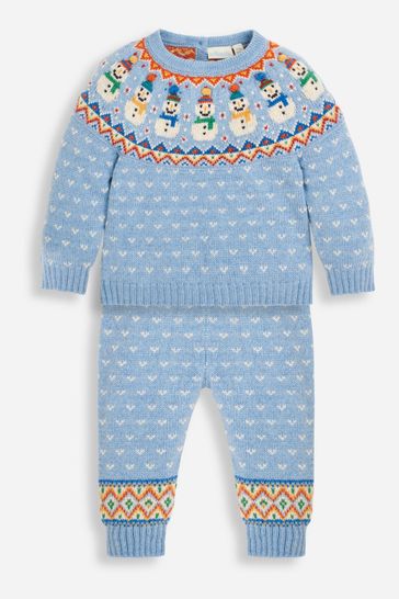 JoJo Maman Bébé Blue Snowman Fair Isle Baby Knit Set
