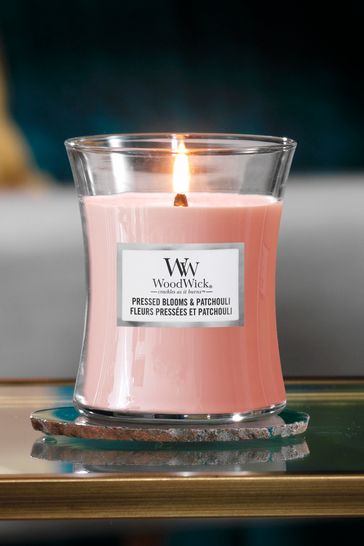 Woodwick Pink Medium Hourglass Pressed Blooms Patchouli Candle