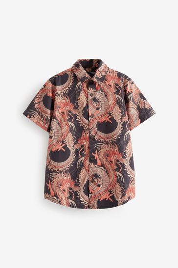Black Dragon Print Short Sleeve Shirt (3-16yrs)