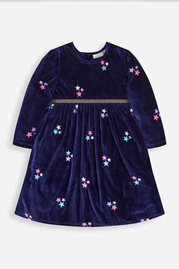 JoJo Maman Bébé Navy Girls' Star Embroidered Velour Party Dress