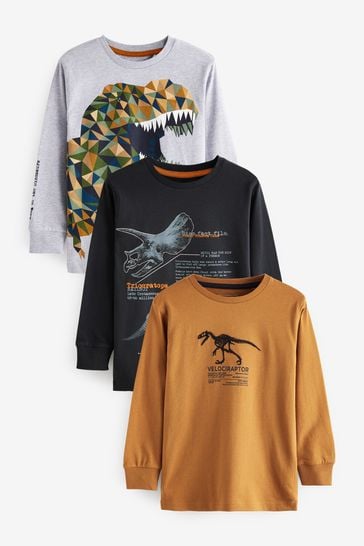 Buy Tan Brown/Navy Blue Dinosaur Long Sleeve Graphic T-Shirts 3