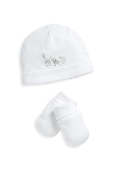 Mamas & Papas White Embroidered Hat & Mitts Set