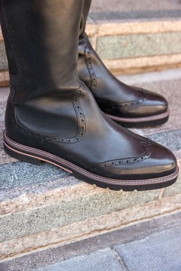 Buy Black Regular Wide Fit Forever Comfort Leather Brogue Detail Knee High Boots from Next Luxembourg