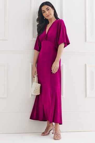 Fuchsia Pink Volume Sleeve Midi Dress