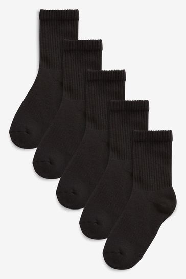 Black 5 Pack Cotton Rich Cushioned Footbed Ribbed Socks