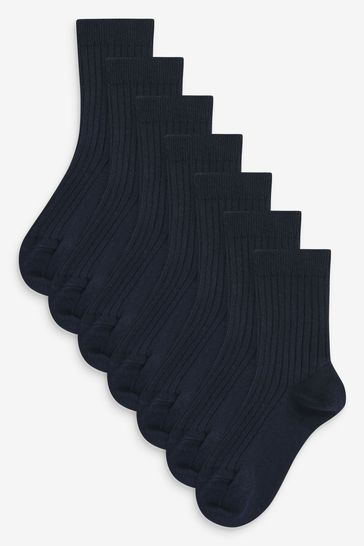 Navy Blue 7 Pack Ribbed Cotton Rich Socks