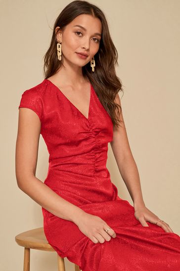 Red Ruched Front Jacquard Midi Dress