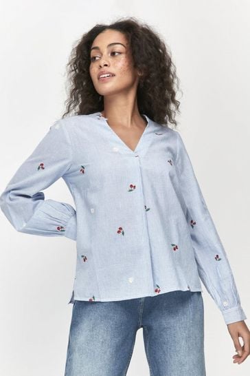 Khost Blue Clothing Embroidered Cherry Print Shirt