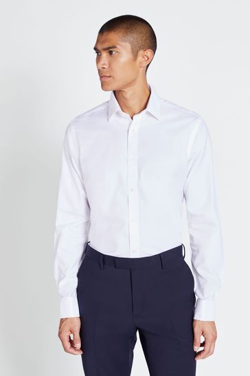 MOSS Tailored Fit White Double Cuff Textured Zero Iron Shirt