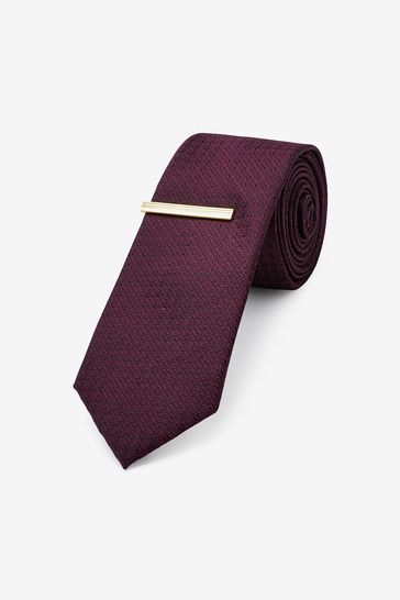 Burgundy Red Slim Textured Tie And Clip Set