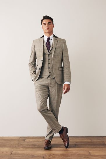Buy Taupe Brown Slim Fit Trimmed Check Suit Trousers from Next Luxembourg