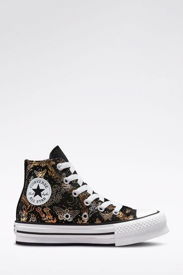 Converse Black Gold Eva Lift Platform Gold Junior High Top Trainers