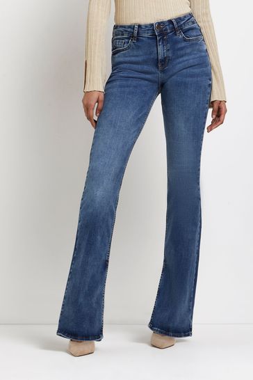 River Island Blue Mid Rise Flare Jean 