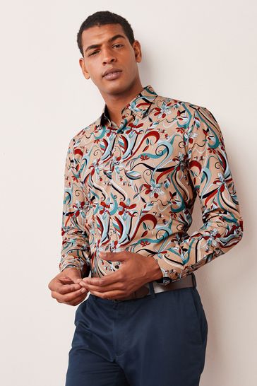 Neutral Brown Floral Slim Fit Single Cuff Printed Trimmed Shirt