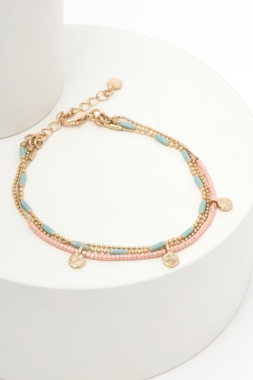 Coral Pink/Aqua Blue Multi Chain And Bead Bracelet