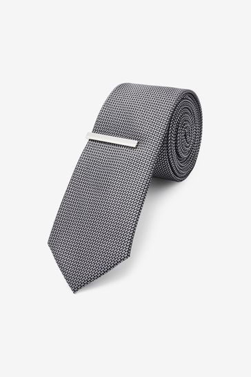 Charcoal Grey Slim Textured Tie And Clip