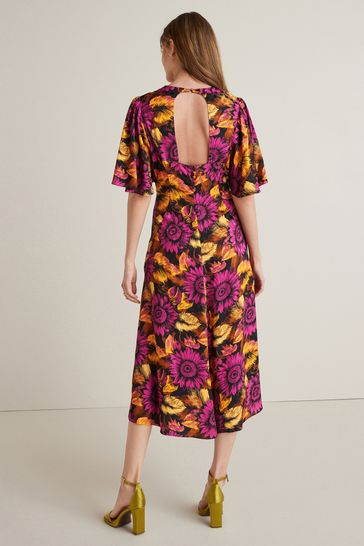Buy Black Pink Floral Flutter Sleeve Midi Dress from Next Luxembourg