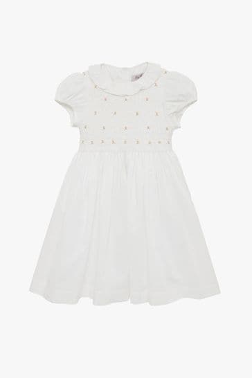 Trotters London Willow White Rose Hand Smocked Dress