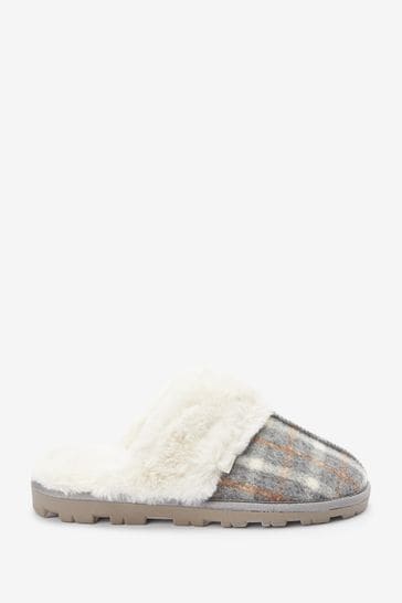 Grey Check Faux Fur Mule Slippers