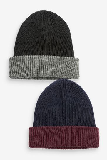 Navy Blue/Burgundy Red & Black/Grey Reversible Beanie Hats Two Pack