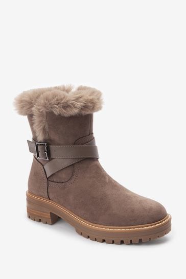 Grey Regular Wide Fit Forever Comfort Faux Fur Lined Buckle Detail Boots